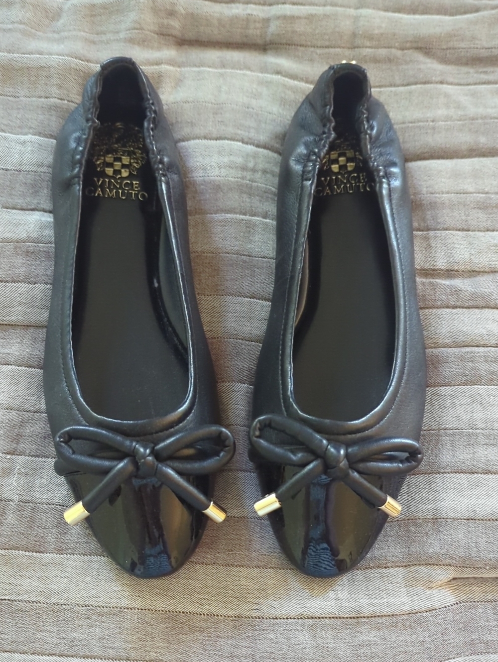 Vince Camuto Black Leather Ballet Flats with Bow Accents